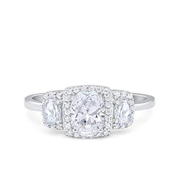 Three Stone Wedding Ring Oval Simulated Cubic Zirconia 925 Sterling Silver